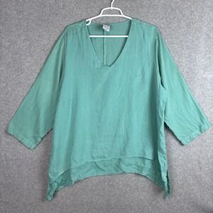La Fixsun Tunic Blouse Womens Size Large Blue Green 100% Linen Lagenlook